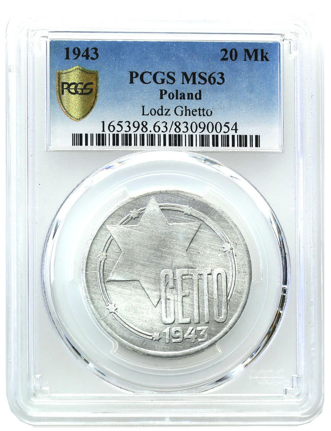 Litzmannstadt/ Getto Łódź. 20 marek 1943, aluminium PCGS MS63 (MAX) Ogromna rzadkość! JEDYNE